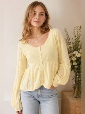 Anthropologie Guinevere Yellow Babydoll Cardigan Balloon Sleeve Knit Top Size L